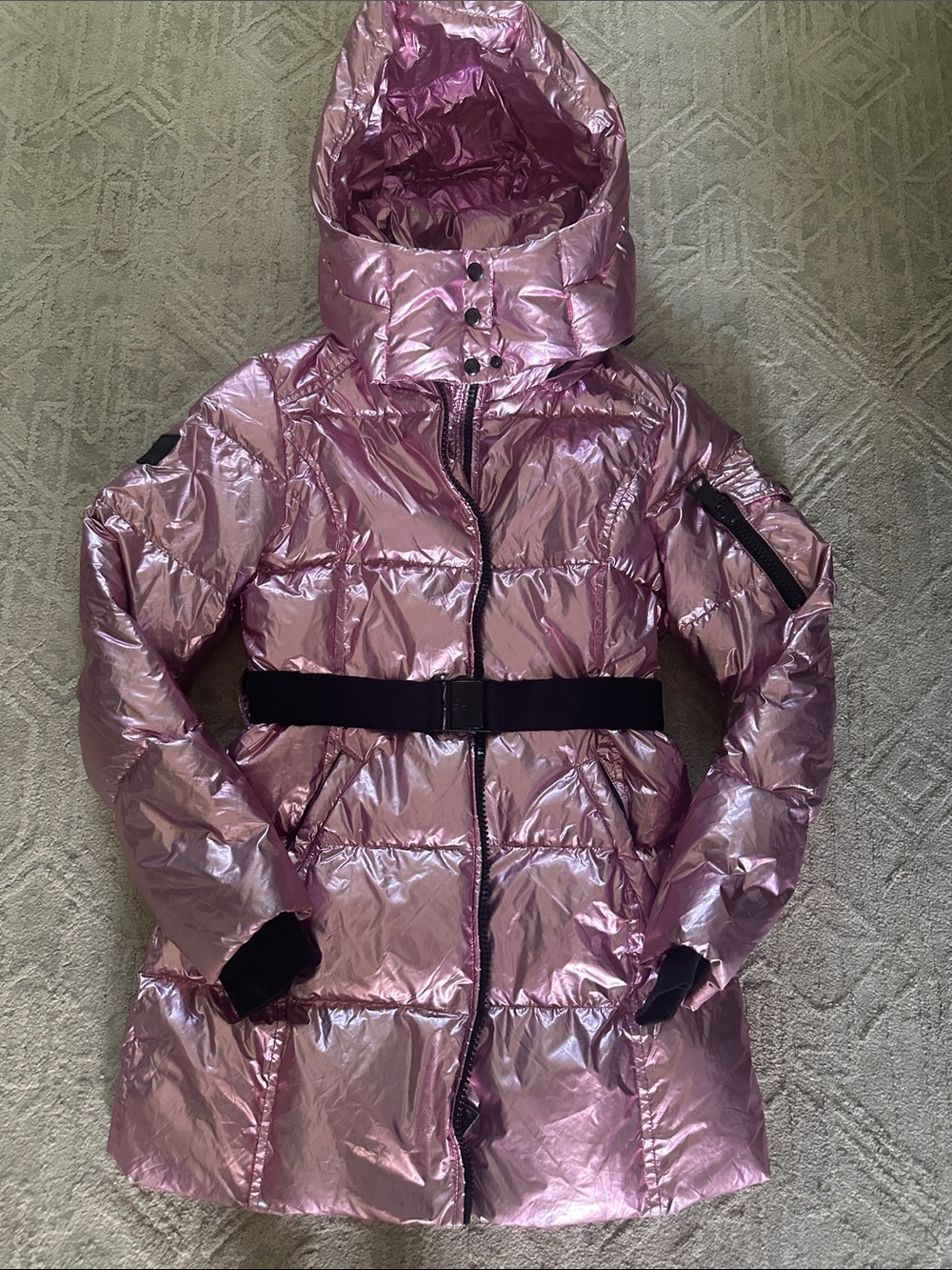 SAM. Shiny Pink Hooded Belted Puffer Coat